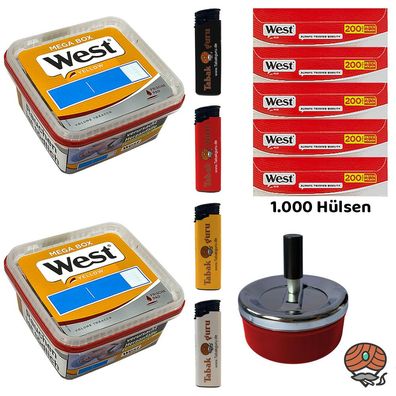 West Yellow Volumentabak Mega Box 2x 105g, 1000 West Red Hülsen, Dreh-Ascher