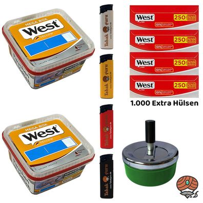 West Yellow Volumentabak Mega Box 2x 105g, 1000 Extra Hülsen, Dreh-Ascher