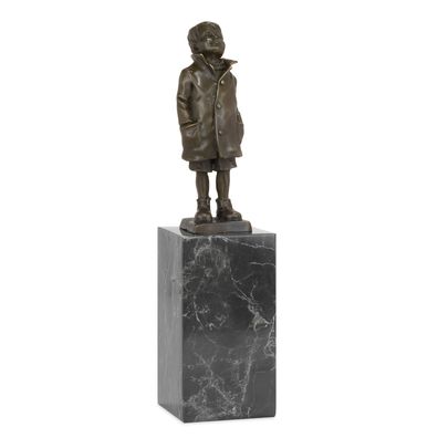Bronzefigur Junge schaut nach oben auf Marmorsockel 28 cm hoch Dekofigur Kind aus