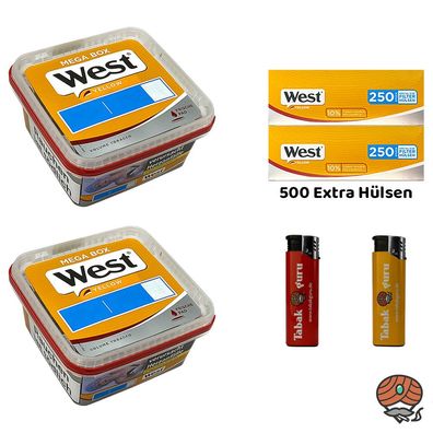 West Yellow Volumentabak Mega Box 2x 105g, 500 Extra Hülsen, Feuerzeuge