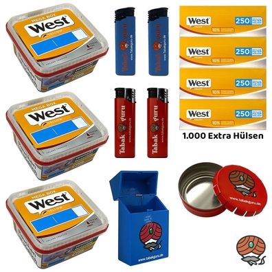 West Yellow Volumentabak Mega Box 3x 105g, 1000 Extra Hülsen, Zubehör