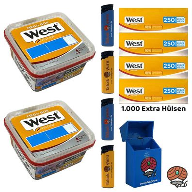 West Yellow Volumentabak Mega Box 2x 105g, 1000 Extra Hülsen, Feuerzeuge, Box