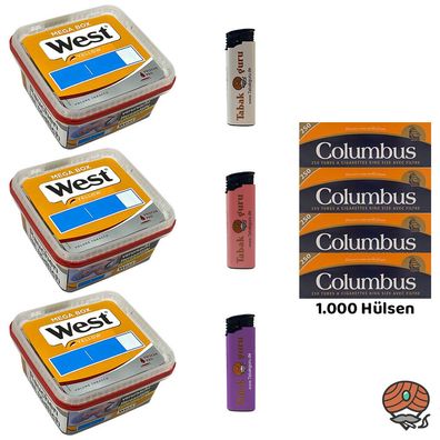 West Yellow Tabak Mega Box 3x 105g Volumentabak + 1000 Columbus Hülsen + Feuerzeuge