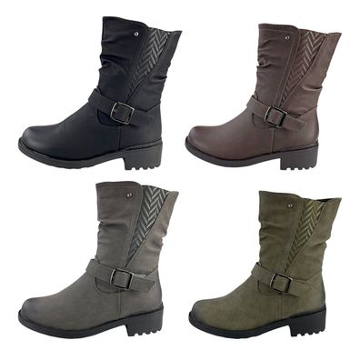 Damen Stiefel Boots Winterstiefel Gefüttert Blockabsatz Profilsohle Leder-Optik 1281