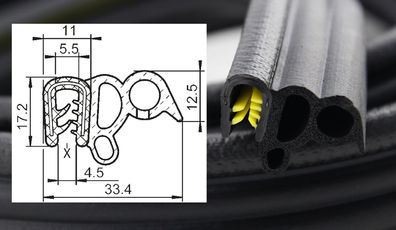 DS3 - PVC/ EPDM Kantenschutz Dichtungs Profil Gummi Dichtung seitlich - Klemmbereich