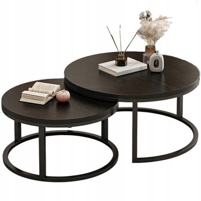 Runder Couchtisch, Set aus 2 schwarzen Tischen, moderner Loft-Wohnzimmer