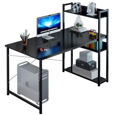 Computer-Schreibtisch, schwarzer Loft-Tisch für Jugendliche mit Regal und Regalböden,