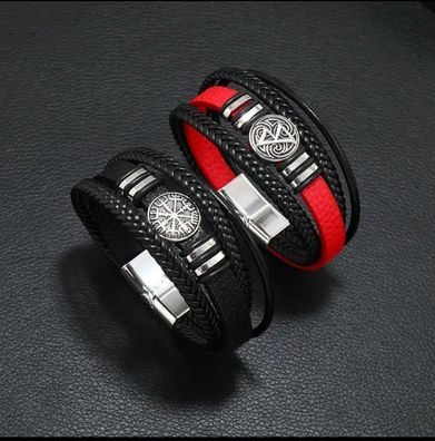 Leder Armband Herren Damen Rot Schwarz Silber Magnetverschluss 21 Cm