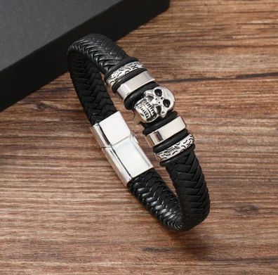 Leder Armband Edelstahl Männer Herren Totenkopf Braun Silber Schwarz 21 Cm