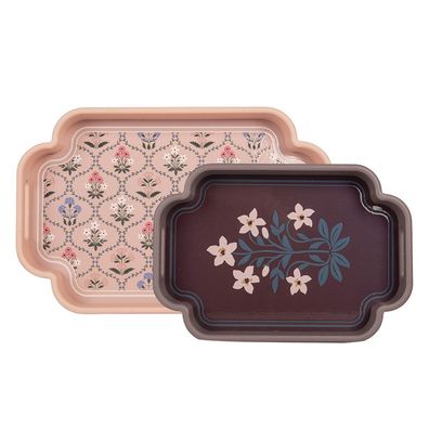 Clayre & Eef Tablett set van 2 Grau Holz Blumen (Gr. (2) 46x30x5 / 35x24x5 cm)
