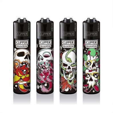 Clipper Reibradfeuerzeuge Skulls N Flowers, 4 Stück