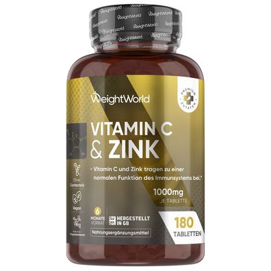 Vitamin C & Zink Tabletten - 6 Monate Vorrat - 180 vegane Tabletten - 2 Flaschen