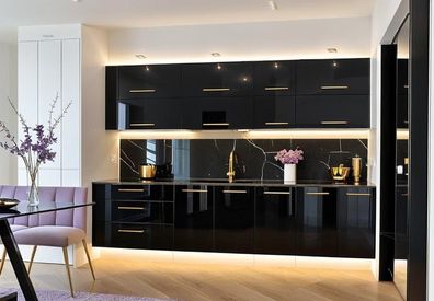 Küchenzeile Pure Line 280 cm Schwarz Hochglanz-SOFT CLOSE- Küche 2,8m, Einbauküche