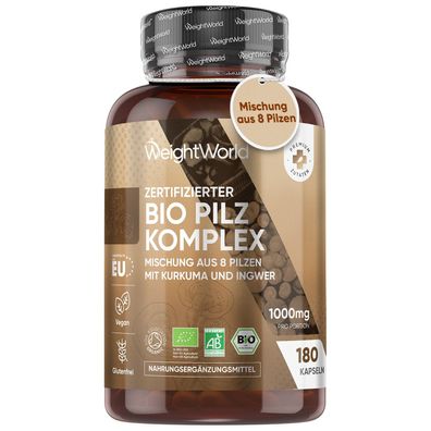 BIO Pilz Komplex mit 8 Pilzsorten - 180 Kapseln- 1000mg mit Löwenmähne Pilz, Reishi,