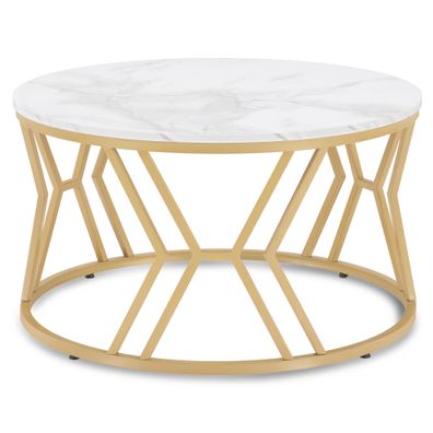 BarberPub Couchtisch Rund Holz, Sofatisch Beistelltisch Weiß-Gold, 2115