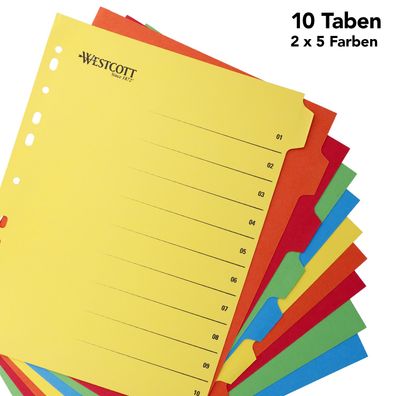 Register für Ordner A4 Karton 10 farbige Tabs in 5 Farben FSC MIX Eurolochung