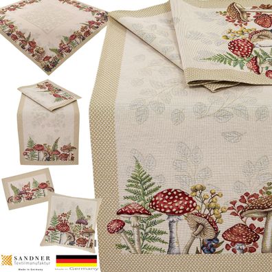 Herbst Tischdecke Gobelin Kissenbezug Fliegenpilz Beige Platzset Made in Germany