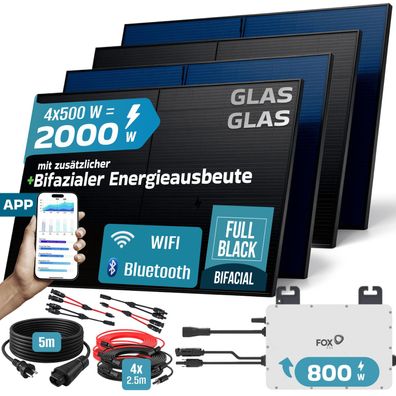 SUNNIVA® Balkonkraftwerk 2000W/800W Solaranlage FOX ESS Bifazial Fullblack