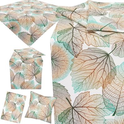 Herbst Tischdecke Tischläufer Kissenbezug Tischwäsche Deko Modern Blätter Türkis