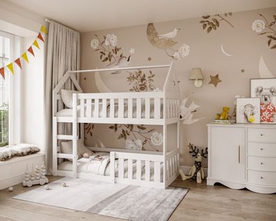 Kinderbett LILI Etagfenbett mit Matratze Jugendbett Massivholz Bodentief Hausbett