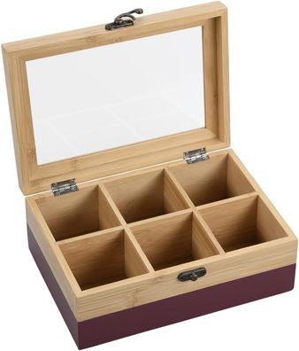Kesper® Tee-Box Bambus 6 Fächer Sichtfenster Retroverschluss Beere-Natur