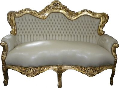 Barock Sofa Garnitur "Master" Creme/Gold Lederoptik