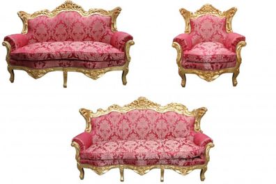Casa Padrino Barock Wohnzimmer Set Bordeaux Muster/Gold - 3er Sofa+2er Sofa + 1 Sesse