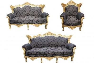 Casa Padrino Barock Wohnzimmer Set Schwarz Muster/ Gold - 3er Sofa+2er Sofa + 1 Sesse