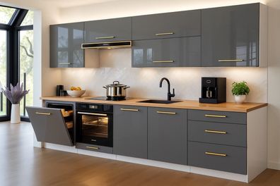 Küchenzeile Siena 260 cm Grau Hochglanz- Küche, Küchenblock 2,6m, Einbauküche