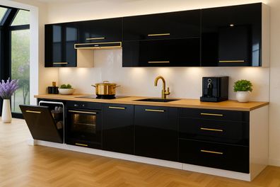 Küchenzeile Siena 260 cm Schwarz Hochglanz- Küche, Küchenblock 2,6m, Einbauküche