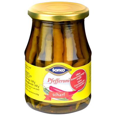 Sofko Pfefferoni ganze grüne scharf Pefferoni mit Stiel 330ml