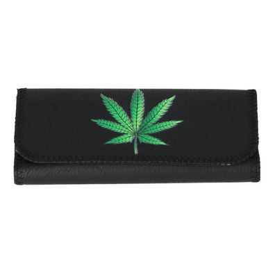 Angelo Tabakbeutel / Drehtasche aus Kunstleder mit grünem Blatt, schwarz