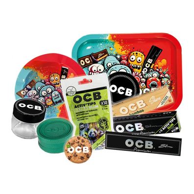 OCB 420 Set #3: Drehhilfe, Mühle, Glas, Tips, Papes, Ascher, Button & Sticker