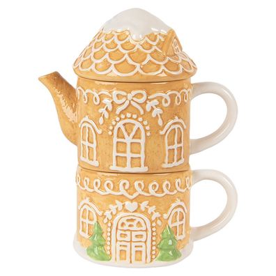 Clayre & Eef Tea for One Lebkuchenhaus 550 ml / 450 ml Braun Keramik