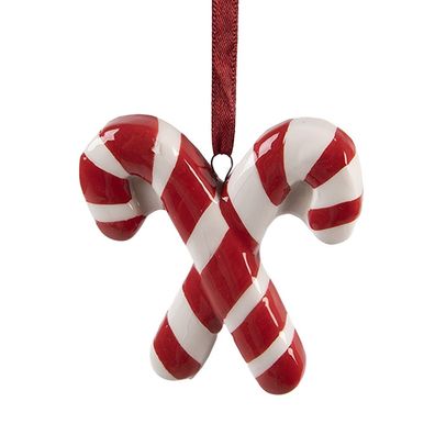 Clayre & Eef Weihnachtsanhänger Zuckerstange 6x2x8 cm Rot Weiß Keramik (Gr. 6x2x8 cm)