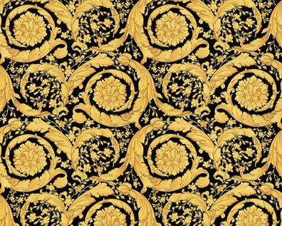Versace Designer Barock Satintapete Barocco Flowers 935834 Schwarz / Gelbgold - Desig