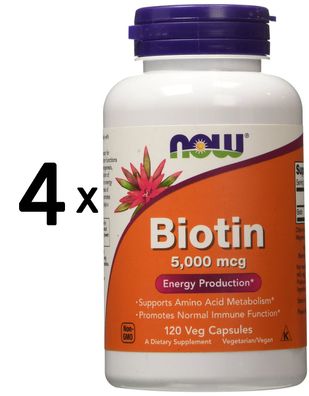 4 x NOW Foods Biotin, 5000mcg - 120 vcaps