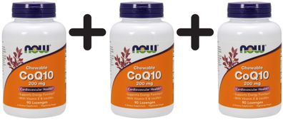 3 x NOW Foods CoQ10 with Lecithin & Vitamin E, 200mg (Chewable) - 90 lozenges