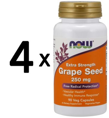 4 x NOW Foods Grape Seed, 250mg Extra Strength - 90 vcaps