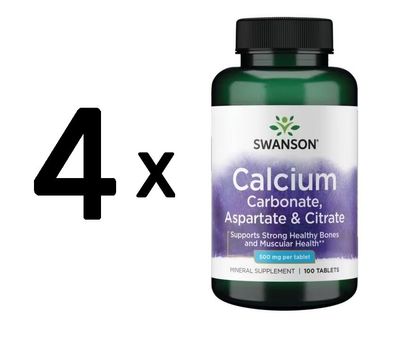 4 x Swanson Calcium (Carbonate, Aspartate & Citrate), 500mg - 100 tabs