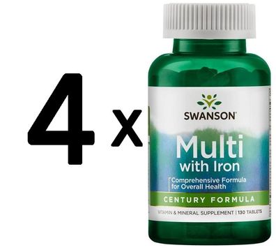 4 x Swanson Century Formula, Multi-Vitamin & Mineral with Iron - 130 tabs