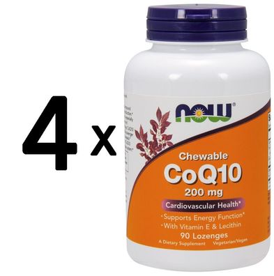 4 x NOW Foods CoQ10 with Lecithin & Vitamin E, 200mg (Chewable) - 90 lozenges