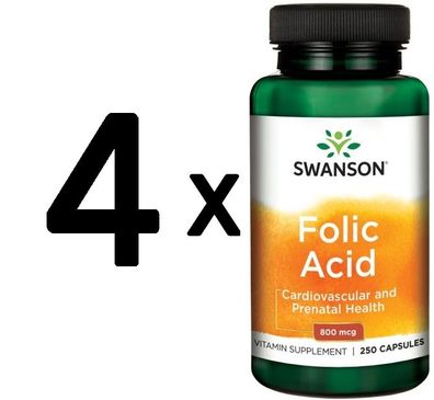 4 x Swanson Folic Acid, 800mcg - 250 caps