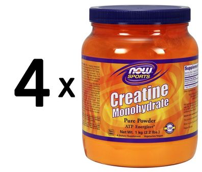 4 x NOW Foods Creatine Monohydrate, 100% Pure Powder - 1000g
