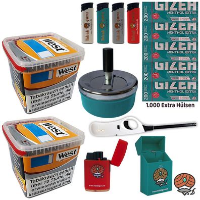 West Yellow Tabak/Stopftabak 2x 235g, Gizeh Menth. Extra Hülsen, viel Zubehör