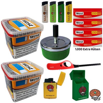West Yellow Tabak/Stopftabak Box 2x 235g, 1000 West Red Extra Hülsen + Zubehör