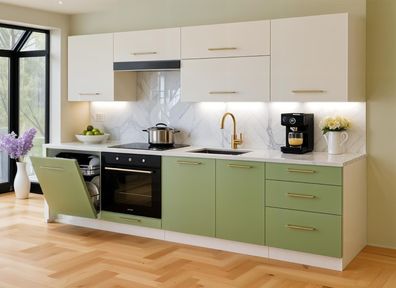 Küchenzeile Siena 260cm Weiß und Salbeigrün Matt- Küche 2,6m, Einbauküche, Blassgrün