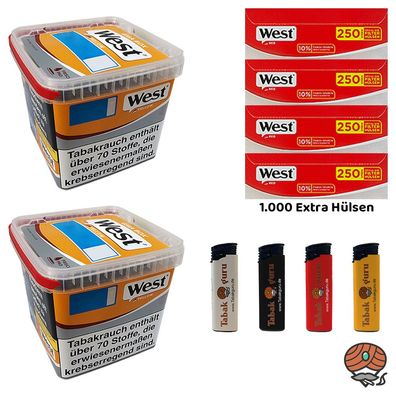 West Yellow Tabak/Stopftabak Box 2x 235g, 1000 West Extra Hülsen, Feuerzeuge
