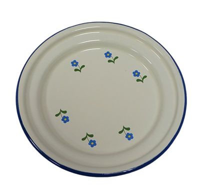 Emaille Kinderteller, Eis-Teller, flacher Dessertteller, Creme Blümchen 18 cm