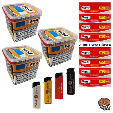 West Yellow Tabak/Stopftabak Box 3x 235g, 2000 Red Extra Hülsen, Feuerzeuge